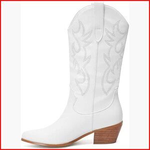 Mid-Calf Cowboy Boots with Platform Heel and Embroidered Detail